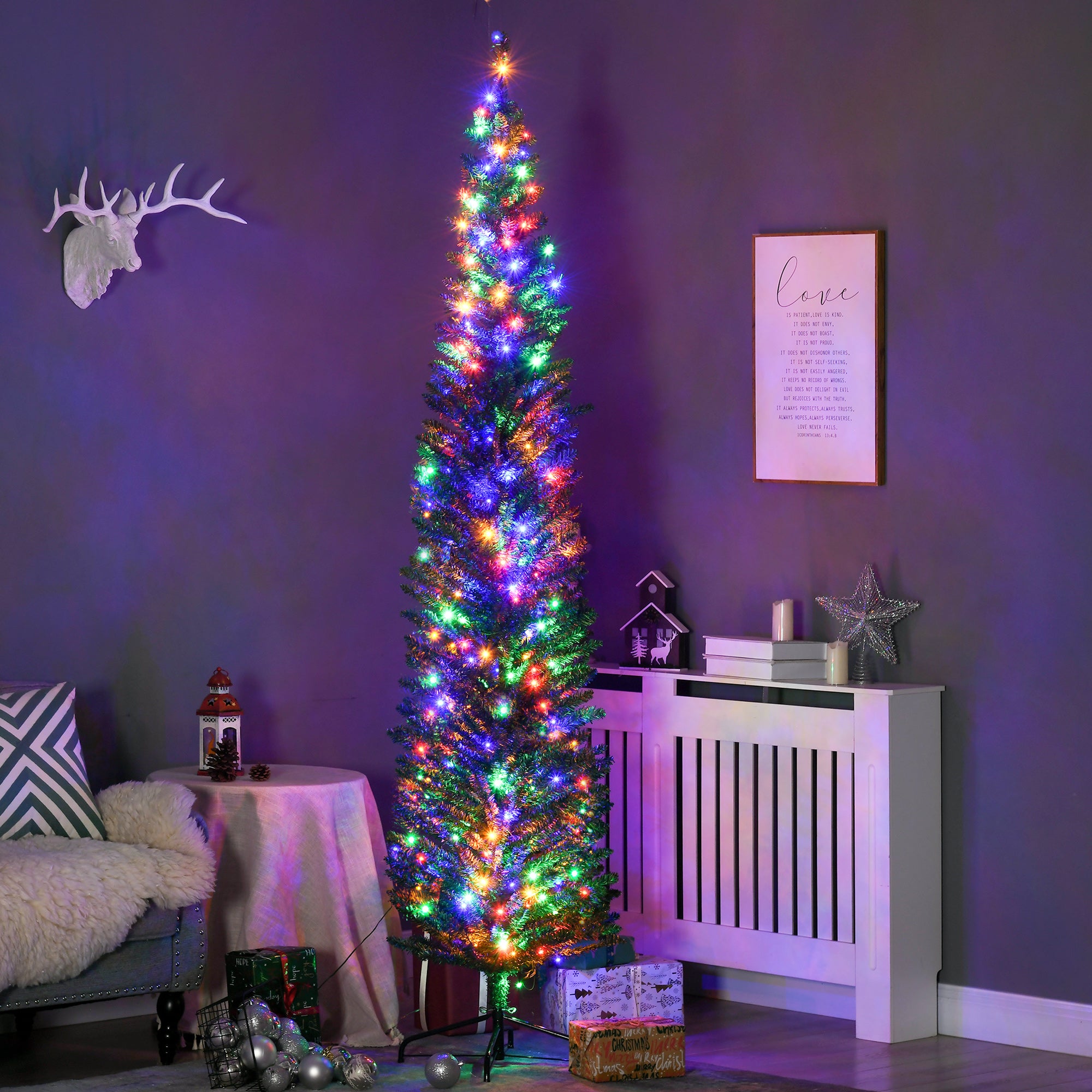 7.5' Artificial Prelit Christmas Trees Holiday Décor With Colourful LED Lights, Pencil Shape, Steel Base