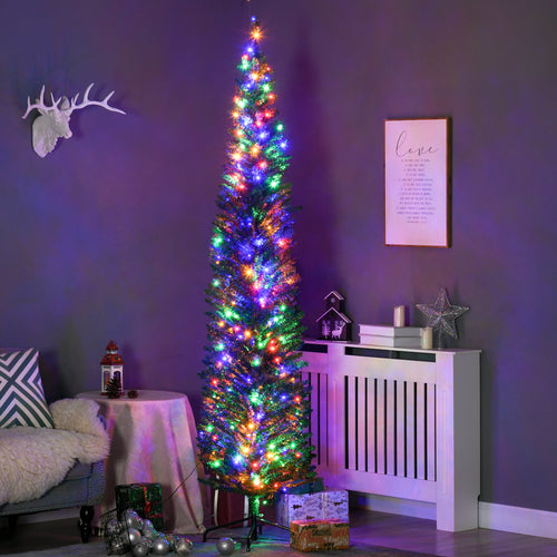 7.5' Artificial Prelit Christmas Trees Holiday Décor With Colourful LED Lights, Pencil Shape, Steel Base