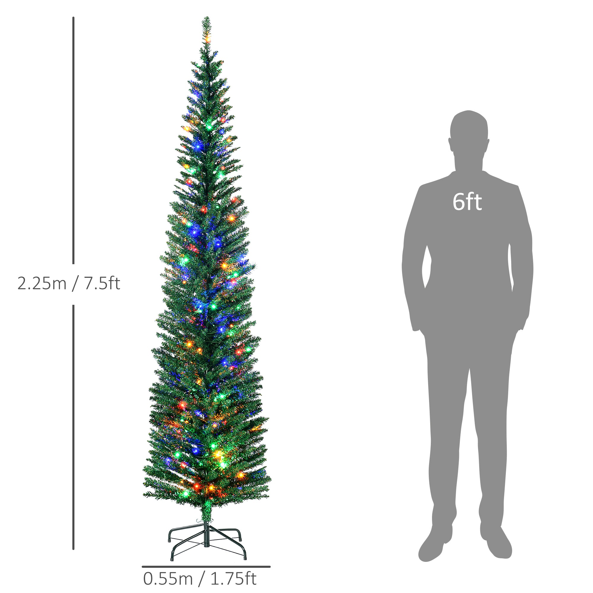 7.5' Artificial Prelit Christmas Trees Holiday Décor With Colourful LED Lights, Pencil Shape, Steel Base