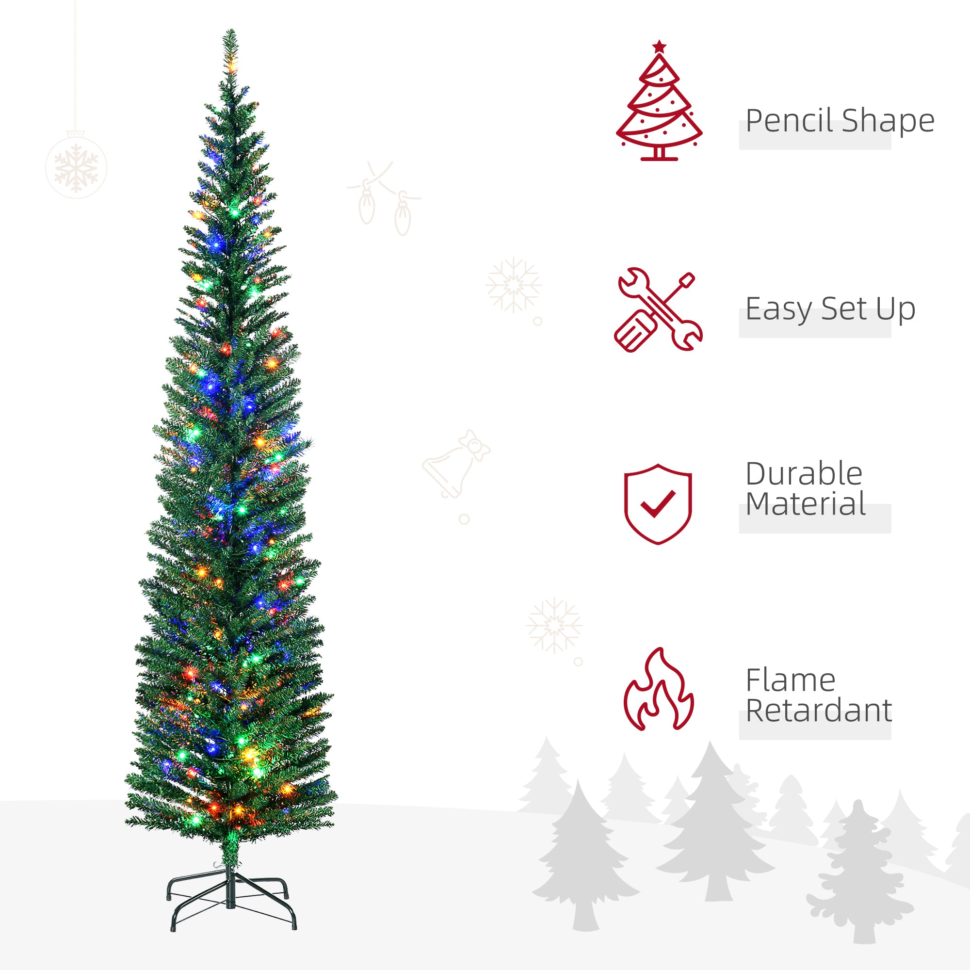 7.5' Artificial Prelit Christmas Trees Holiday Décor With Colourful LED Lights, Pencil Shape, Steel Base