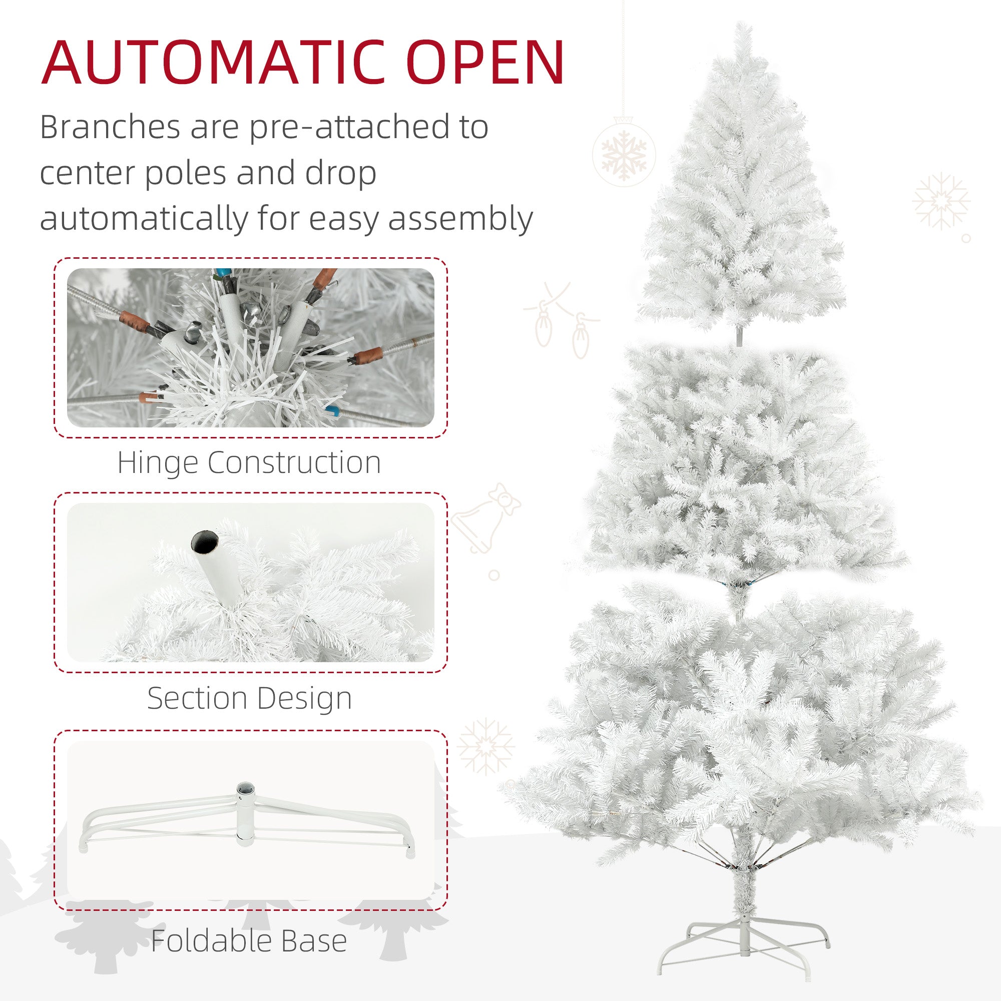 7.5ft Unlit Artificial White Christmas Tree, Holiday Décor with 1346 Branch Tips, Auto Open and Steel Base