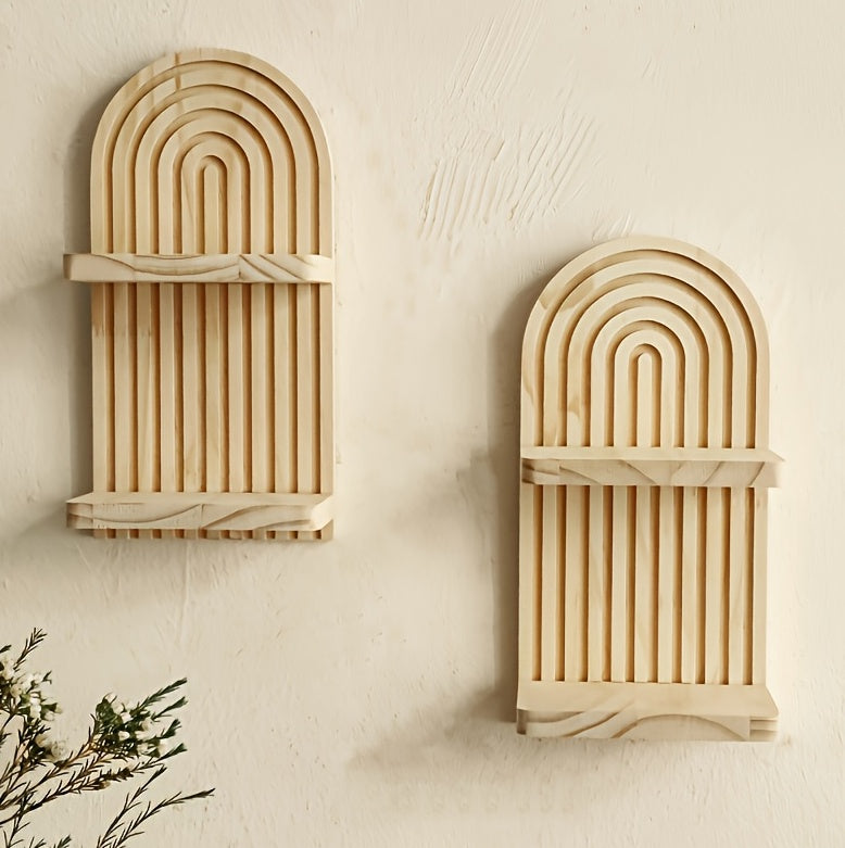 2 Wooden Double Wall Shelves - Simple Faux Wood Curved Shelves With Decorative Tops, Space-saving For Storing Plants, Books And Decorations - Versatile Wall-mounted Organizers For Your Living Room