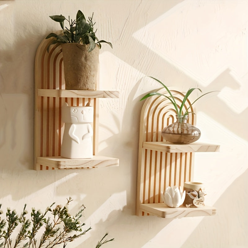 2 Wooden Double Wall Shelves - Simple Faux Wood Curved Shelves With Decorative Tops, Space-saving For Storing Plants, Books And Decorations - Versatile Wall-mounted Organizers For Your Living Room