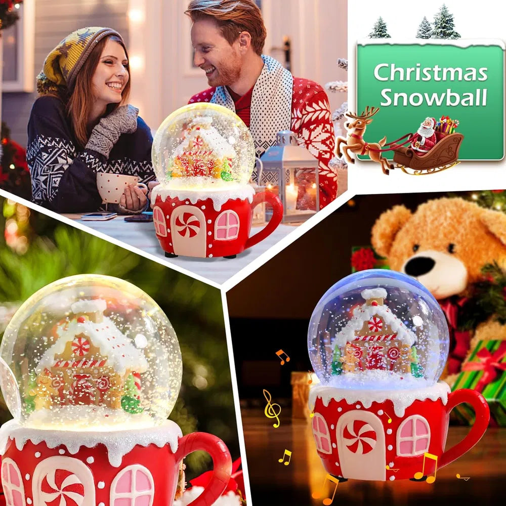 Christmas Snow Globes Gingerbread Man Village House In Cup Christmas Snow Globe With 8 Songs Color Changing Battery Operated Musical Box For Christmas Home Party Décor
