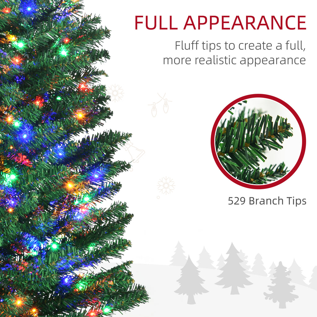 7.5' Artificial Prelit Christmas Trees Holiday Décor With Colourful LED Lights, Pencil Shape, Steel Base