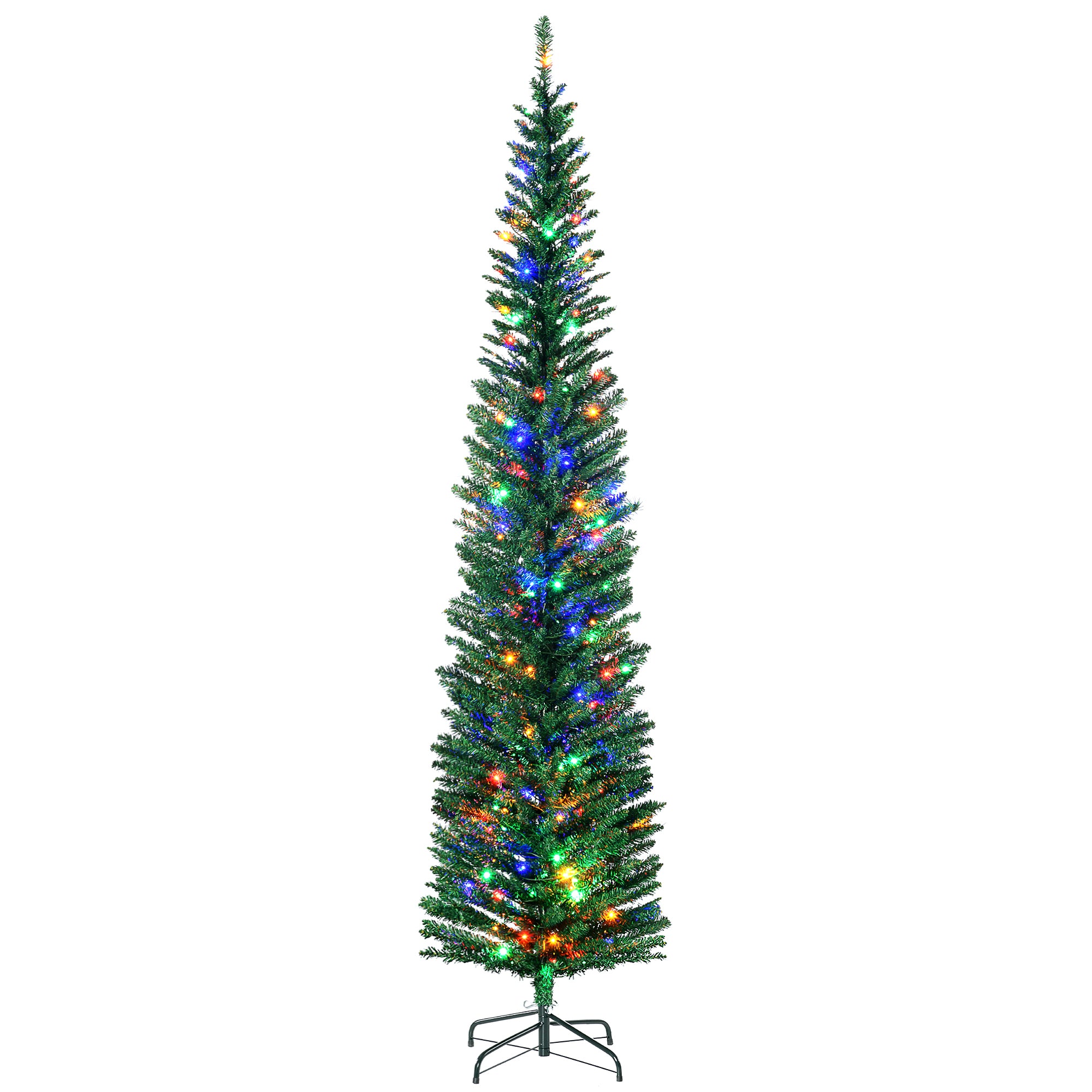 7.5' Artificial Prelit Christmas Trees Holiday Décor With Colourful LED Lights, Pencil Shape, Steel Base